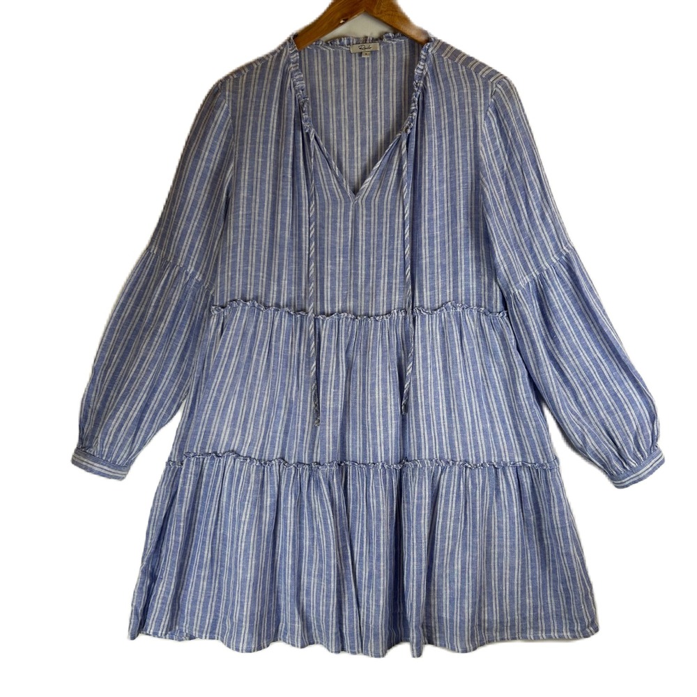 Rails Everly Ludlow Stripe Tiered Linen Blend Mini Dress Blue White Small